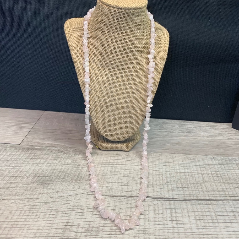 Natural Rose Quartz Chip Bead Long Strand Necklace 34 Inch Pink Gemstone Boho